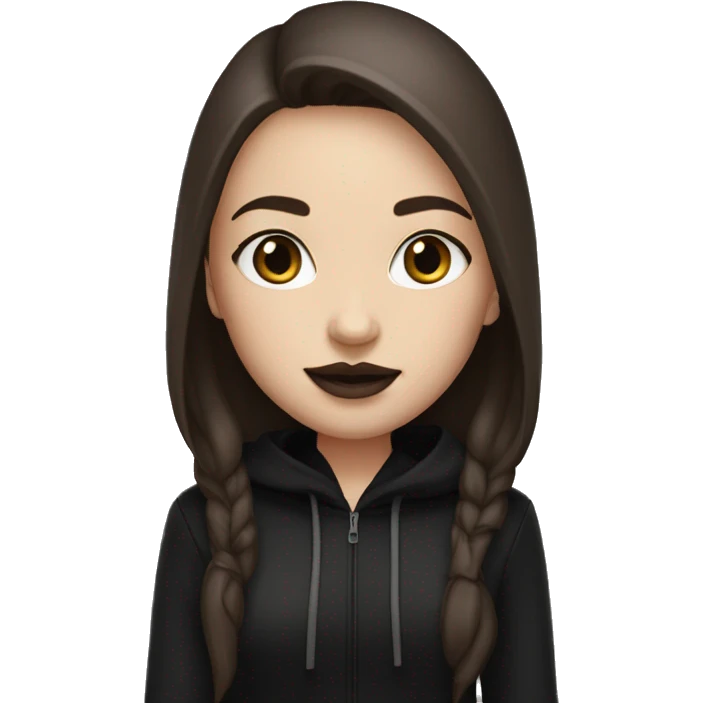 White skin Girl with middle part really long straight dark brown hair, lashes,dark brown eyes, brown lipstick, wearing black hoodie emoji