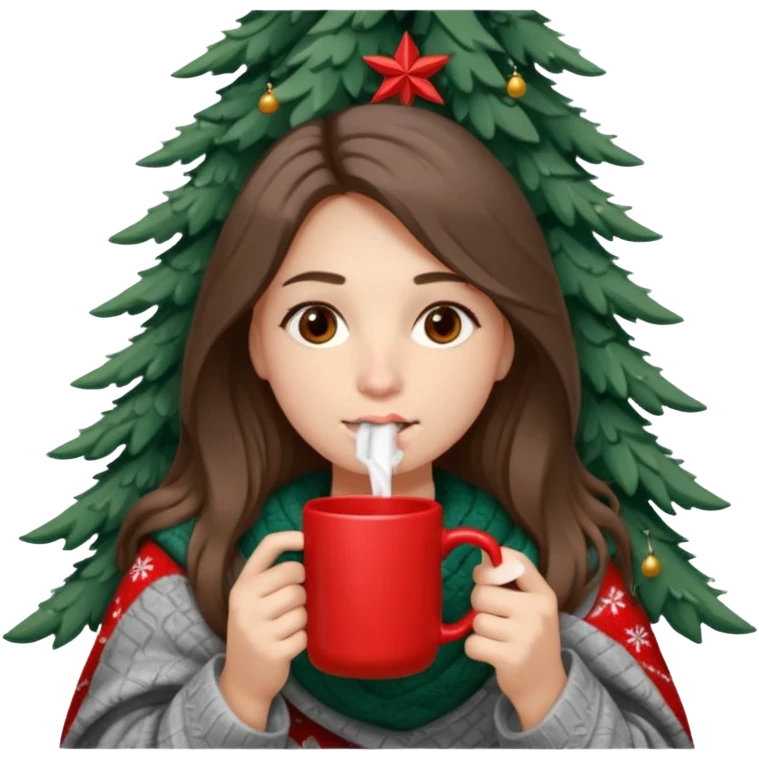 Brown eyes, fair skin, hooked nose, full lips, long hair down to her shoulders, wrapped in a gray blanket, drinking from a red mug with a Christmas tree emoji