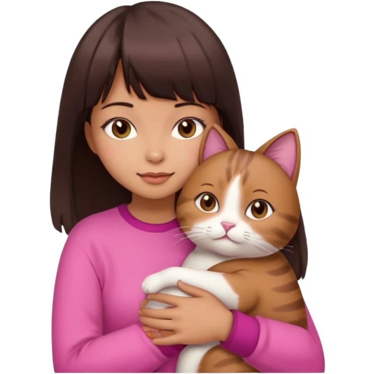 beautiful woman with dark brown straight hair and bangs, brown eyes wear a pink clothes and hugs a cute chubby cat emoji