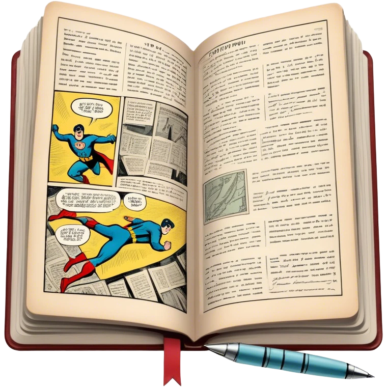 Create a detailed emoji representing the process of writing texts for comic books. The design should feature a large, open comic book with vintage comic strips visible on its pages. A pen should be shown writing text on one of the comic panels, but without a hand. The pencil should appear as though it is actively creating the dialogue or narration. Use a classic color palette with muted tones for the comic book and brighter accents on the pencil to draw attention to the writing process. Do not include any emojis or smiley faces. Make the background transparent. emoji