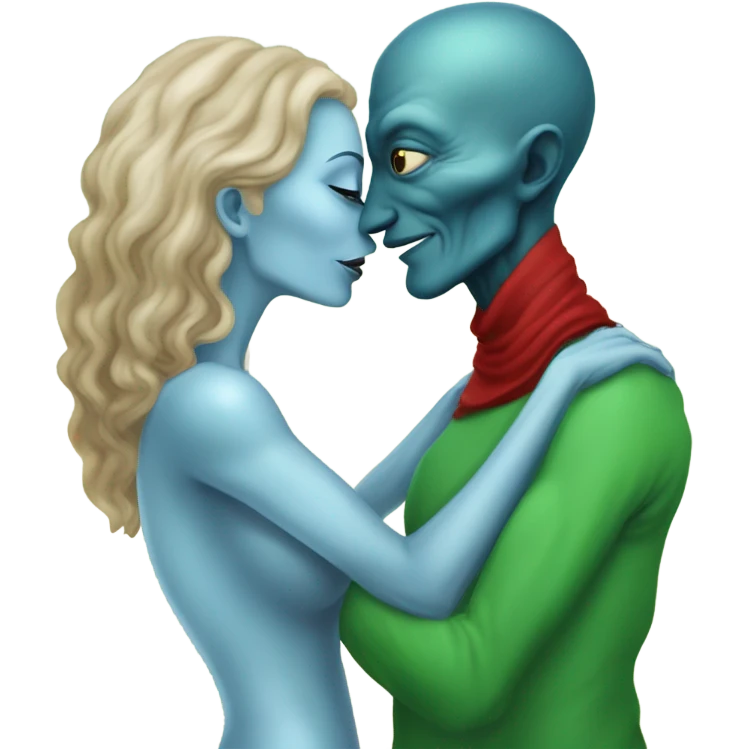 Beatiful tall blue skin woman extraterrestial reptilian 47 years old in red dress, kissing white man in green dress, real photo, real photo realism, full figure, full body emoji