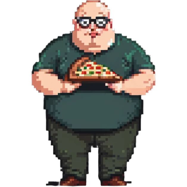 very fat bald man with glasses eating pizza emoji