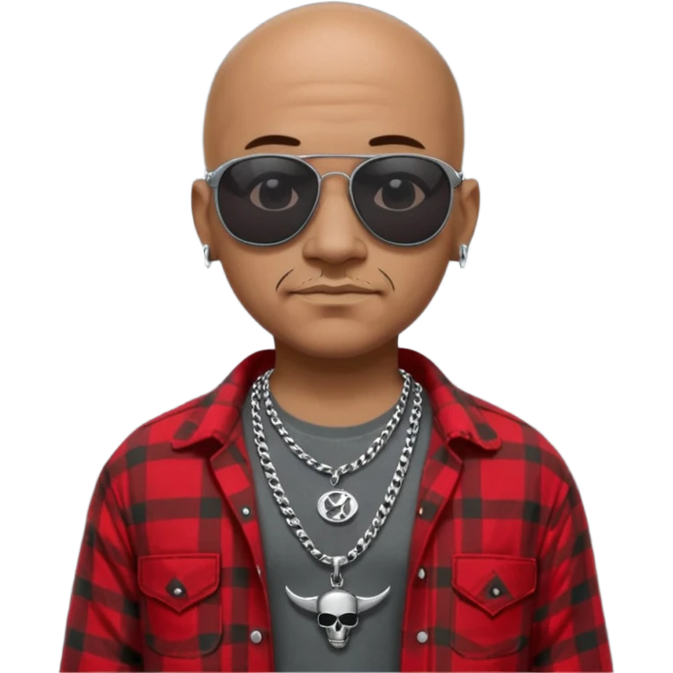 bald mexican cholo with black oakley sunglasses a silver necklace witth h engraved on emblem and flannel shirt emoji