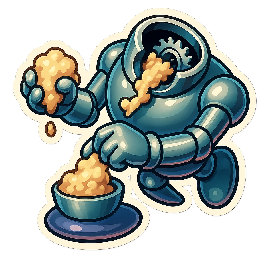 hovering robot. stuffs material into large hole on its top with 2 arms. no head. hole is where a head would be. spinning gears and blades in hole grind material.  3/4 view. between realism and cartoon. well lit. no dramatic lighting. metallic shiny robot. works diligently. drake humor emoji