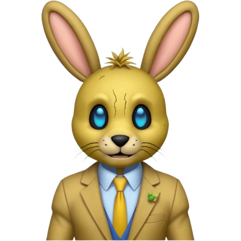 springtrap yellow damage hare suit with hare ears blue eyes with strands of 3C hair size of a small toothpick sttcking up emoji