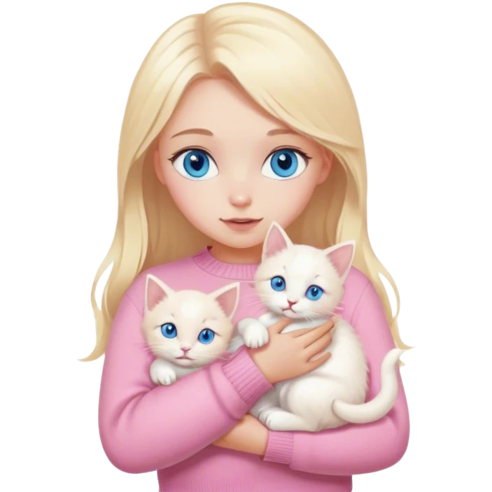 A girl with blue eyes and blonde hair in a pink sweater holds a white kitten in her arms emoji