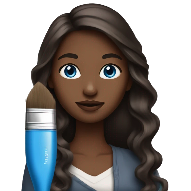 woman with blue eyes and long dark brown wavy straight hair holding a paint brush emoji