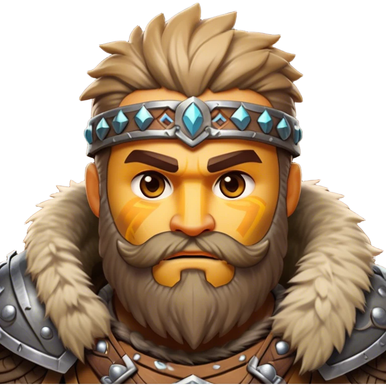 Clash of Clans style: Cinematic Rugged Barbarian Portrait Emoji, Intense and formidable with a stylized build, a rugged beard and expressive eyes, adorned in playful, battle-worn furs and cartoonish armor with tribal markings, Simplified yet powerfully detailed features, highly detailed, glowing with a deep, adventurous energy, high shine, spirited and determined, stylized with an air of raw, untamed power, soft glowing outline, capturing the essence of a barbarian warrior ready to lead epic quests! emoji