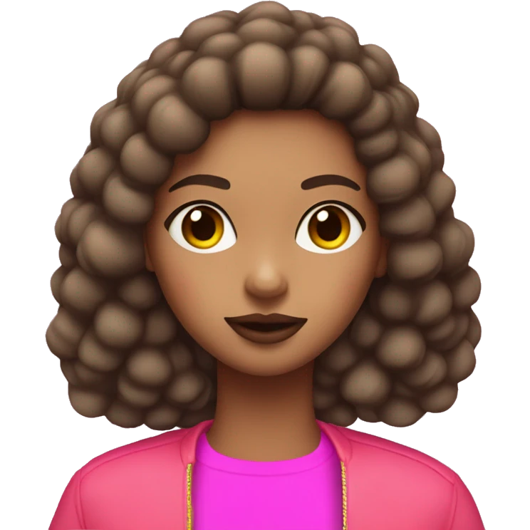 Girl with Brown hair and skin with longo pompom in hair with Pink shirt and neon jacket and Lipstick  emoji