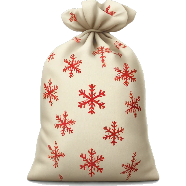 Generate an emoji of a Christmas-themed cloth bag, tied with a string, decorated with festive elements like snowflakes or holly, and ready to hold gifts—no money or currency symbols. emoji