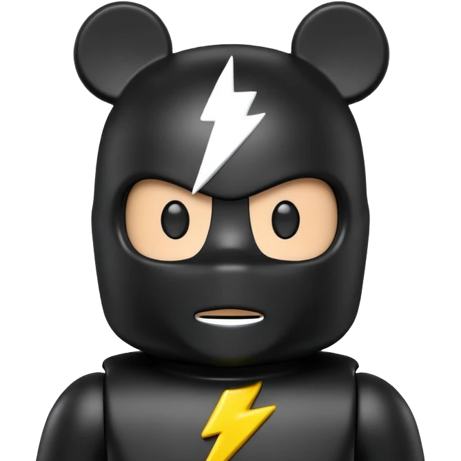bearbrick toy wearing a black balaclava with a lightning bolt logo symbol on it emoji