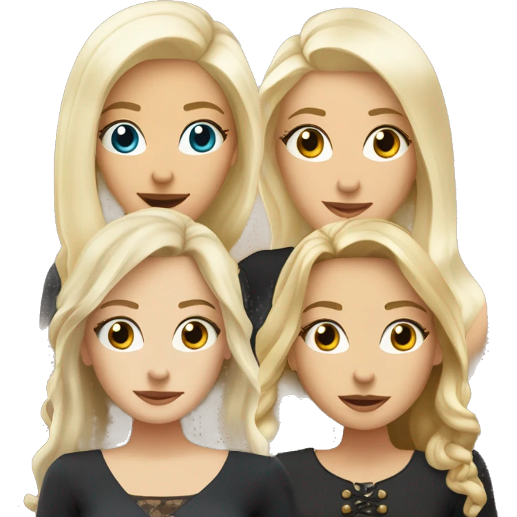 Four beautiful white european girls, one with blond hair and two dark blond hair in dresses have coffee emoji