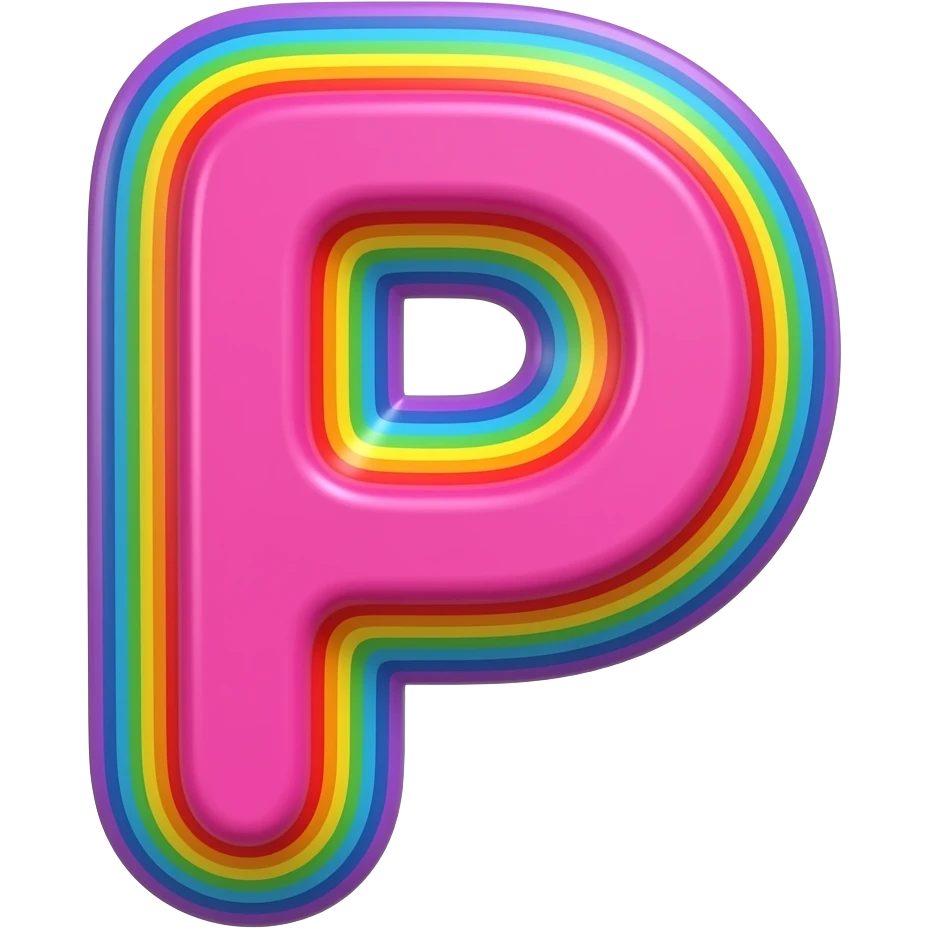 name "p" in hot pink, 3D style typography lettering, each color of the rainbow as a border outlined around each letter, isolated, 3d rendering, no emoji icons no emoji faces and must have no human figures emoji