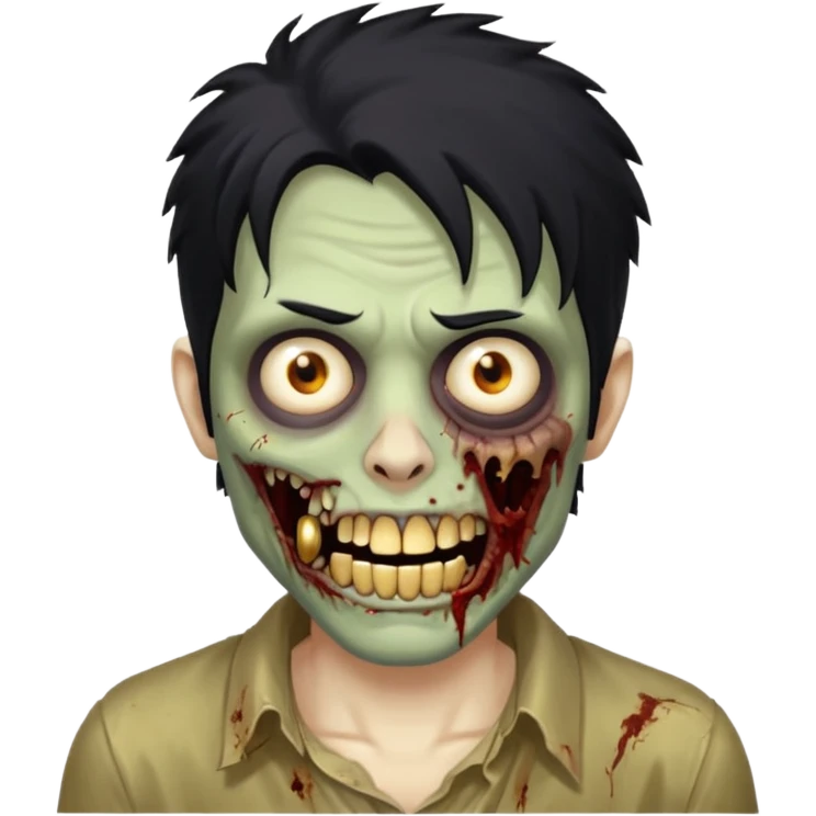 cabelo liso desordenado negro homen con aparencia de zombi y que haga un gesto mostrando los dientes de oro emoji