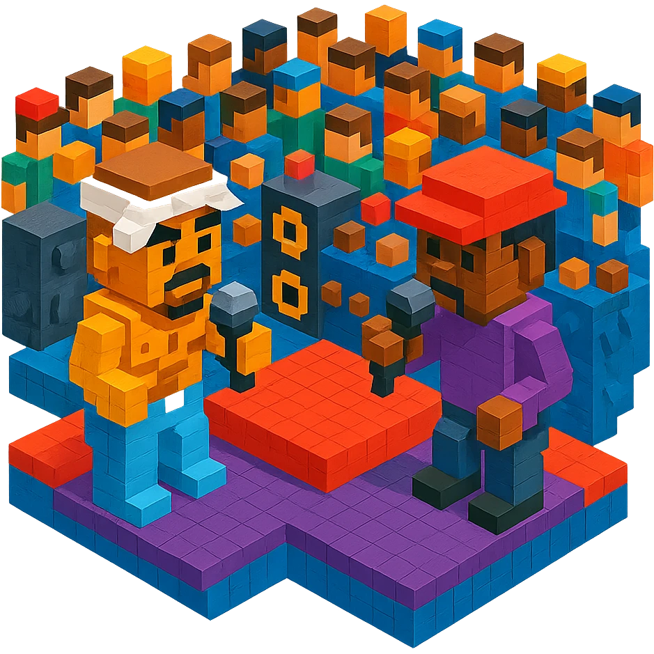Lego 2Pac in a rap battle, facing off against another rapper, detailed crowd and stage emoji