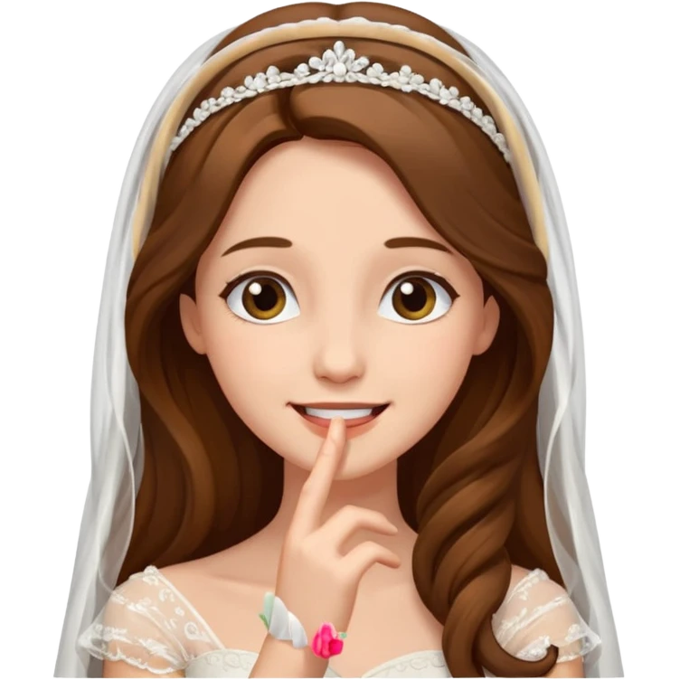 Blonde skin bride with a long veil with brown hair with a chin on her face emoji