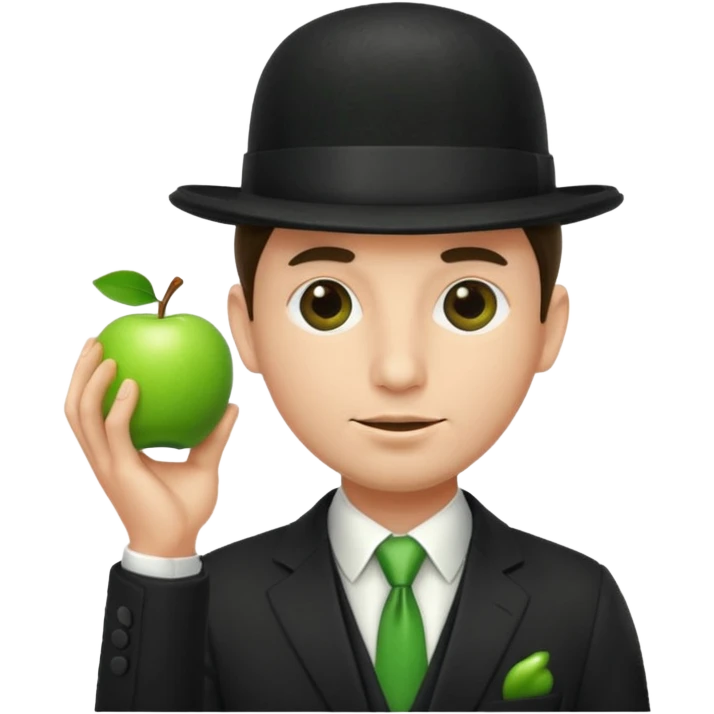 homme en costume chapeu melon aven avec une pomme verte qui cache son visage  emoji