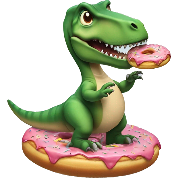 t rex riding a donut like a skateboard while eating a mini cheese pizza emoji