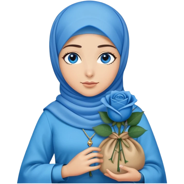 Turkish beautiful finish Konya girl blue eyes with blue hijab islamic dress and had on her hand blue rose bag emoji