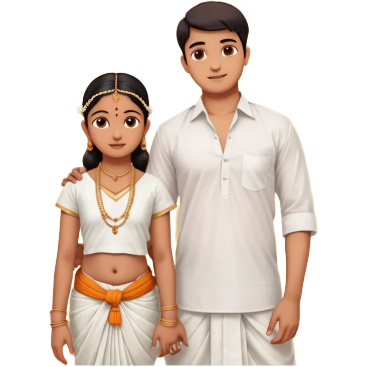 31 years young and small Brahmin boy with traditional formal cotton shirt and cotton lungi is pleasent peaceful thankful to 18 years young and fat and tall Brahmin girl with the complete decoration of bharatanatyam as godess lakshmi devi. emoji