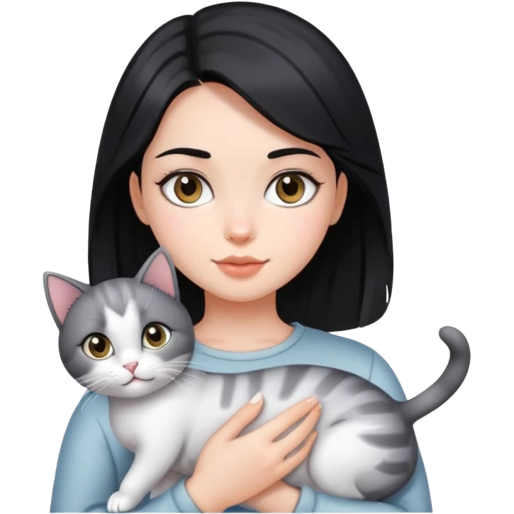 A beautiful black-haired girl holding a silver-colored cat emoji