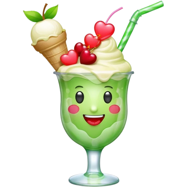 Create an emoji with a clear rounded glass, bright transparent green soda, vanilla ice cream scoop, two red cherries, pink heart-shaped straw, simple shapes, bright colors.
 emoji