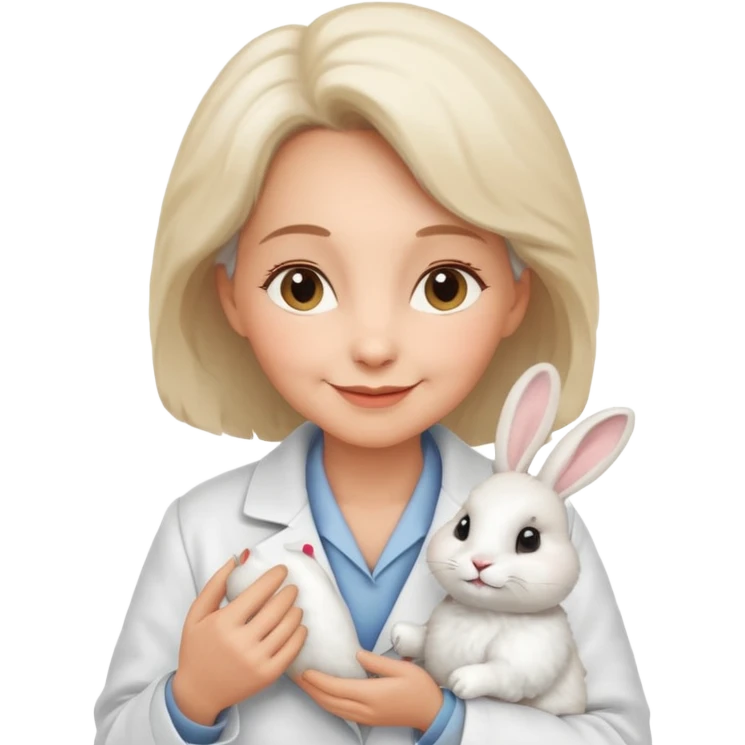 Older female vet – gentle smile, coat, checking rabbit  emoji