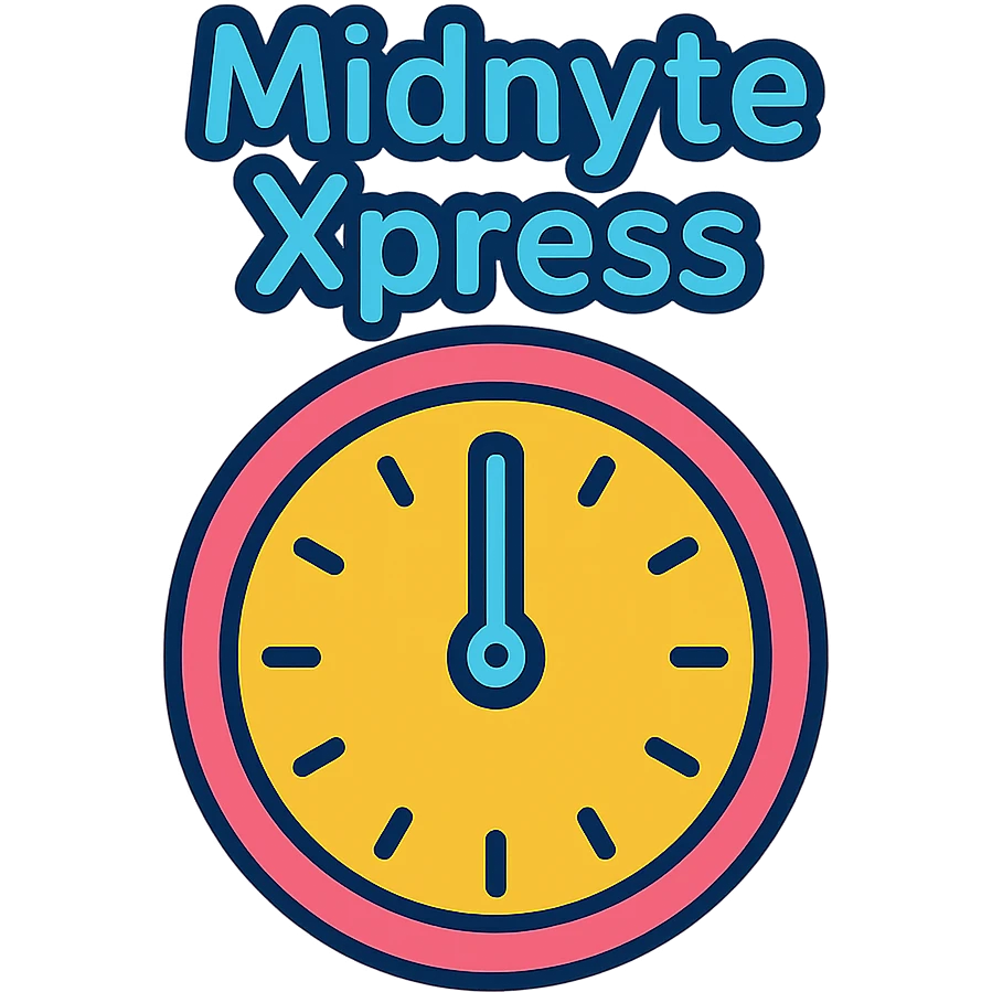 colorful outlined icon style clock at midnight with the text 'Midnyte Xpress' above it emoji