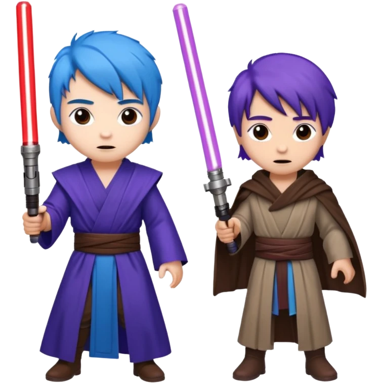 one blue haired jedi with purple lightsaber vs dark brown hair jedi with red lightsaber emoji emoji
