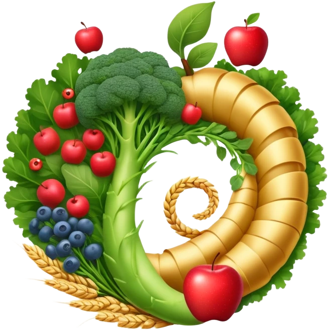 Golden wheat stalks, green leafy vegetables, bright apples, berries, broccoli, and tiny seeds surrounding a glowing spiral digestive system. Light sparkles flow through the intestines showing fiber's cleansing effect. emoji