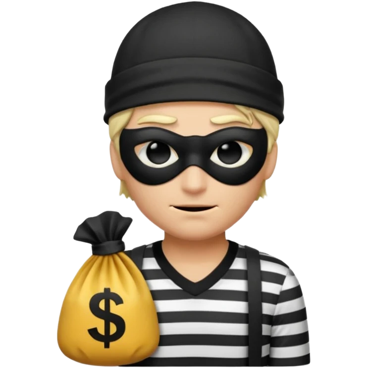 a short ios emoji-style portrait of a classic burglar, a black eye mask and a black-and-white striped shirt. emoji-like hair, black hat, ONE bag of money 💰 with a dollar sign in a right corner, evil expression WITHOUT a hand  emoji