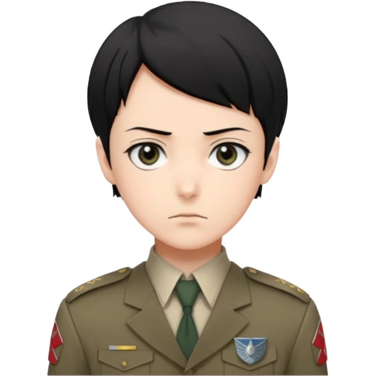 short black neat hair, sharp dark gray eyes, pale skin, serious expression, upright posture, minimal accessories, sharp and precise style. Levi Ackerman  emoji