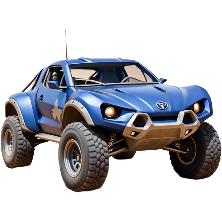 Mandalorian evil darkly night blue Dirty and dented Local Motors Rally Fighter off road race car hot rod meets 2013 Toyota 86 trophy truck-style basher flying on a dusty road (silver wheels) emoji