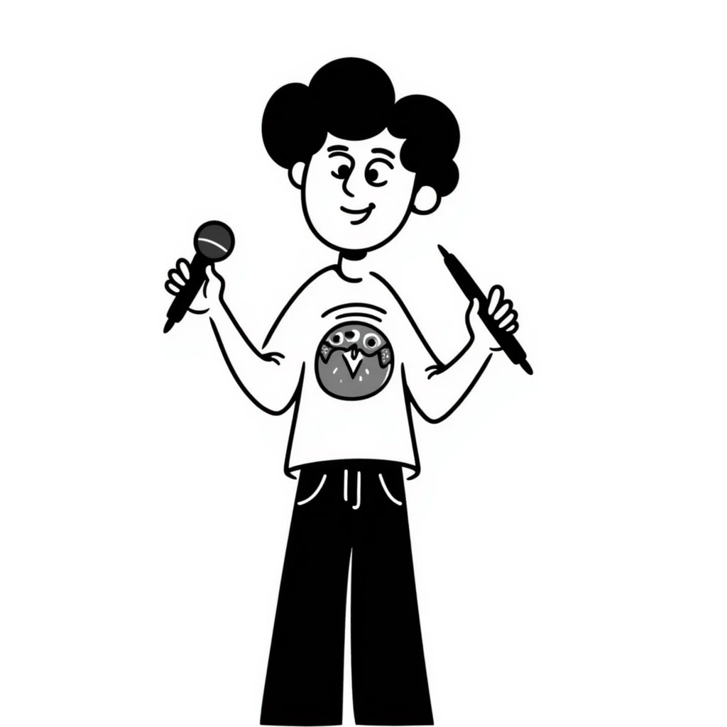 enthusiastic musician with wide smile holding microphone and pen, energetic expression emoji