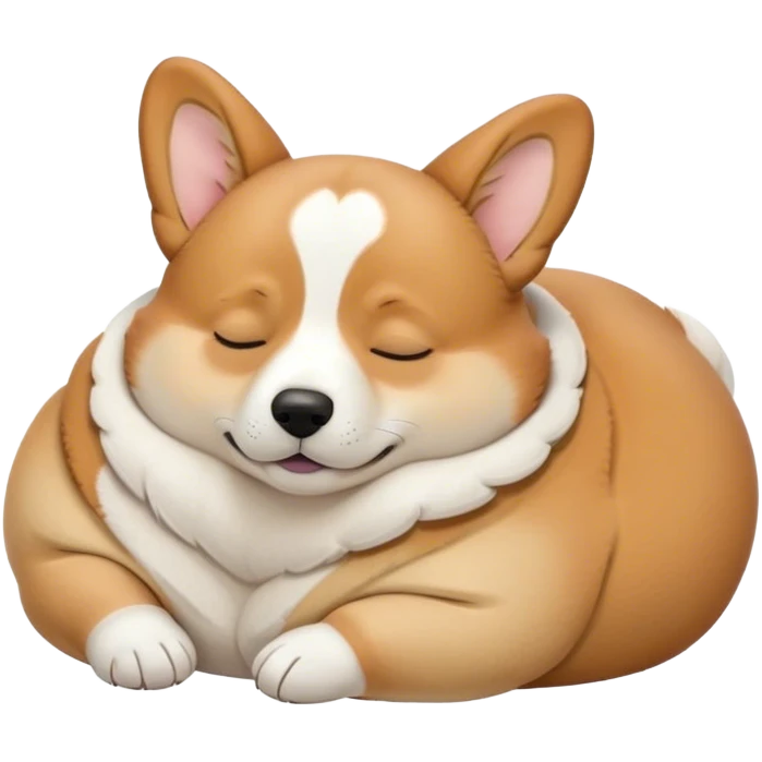 Cinematic Chubby Sleeping Corgi Portrait Emoji, Chubby and serene, with a round, adorable build, a smooth fawn coat accented by white patches, and those signature short legs, eyes gently closed in peaceful slumber, Simplified yet irresistibly endearing features, highly detailed, glowing with a gentle, dreamy glow, high shine, relaxed and content, stylized with a touch of whimsy, bright and heartwarming, soft glowing outline, capturing the essence of a blissfully sleepy herder, so comically serene it feels like it could roll out of the screen and snore with adorable charm! emoji
