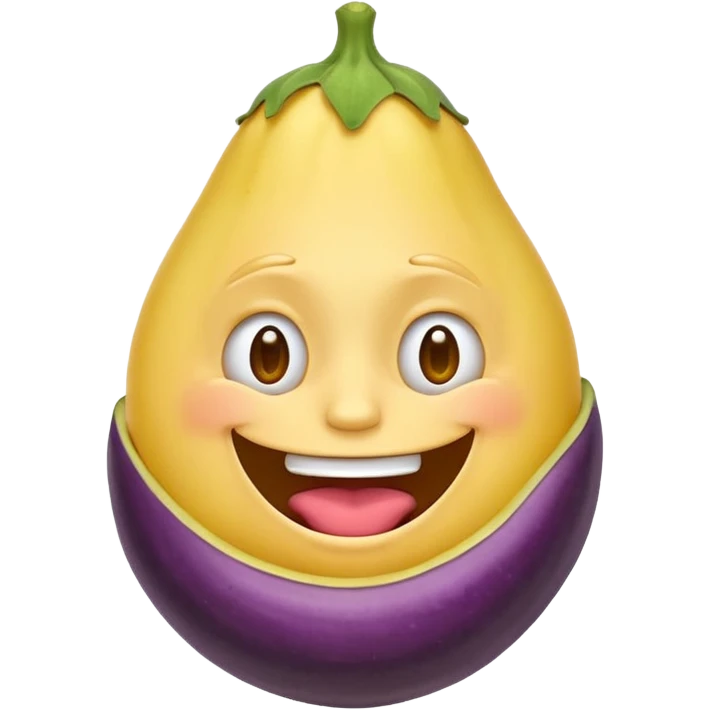 An ashamed, smiling yellow face emoji with a huge eggplant in his mouth. emoji