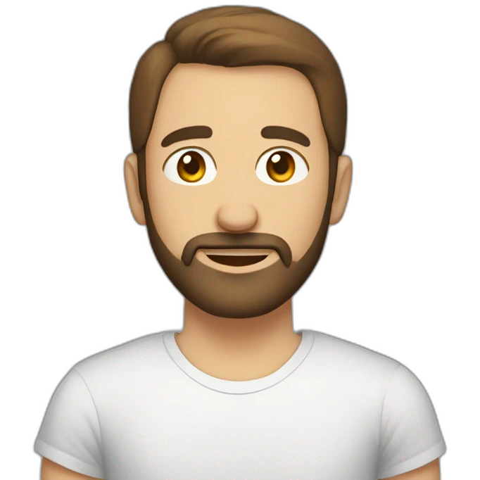 man with brown short hair and short beard wearing a t-shirt with the word escutai emoji