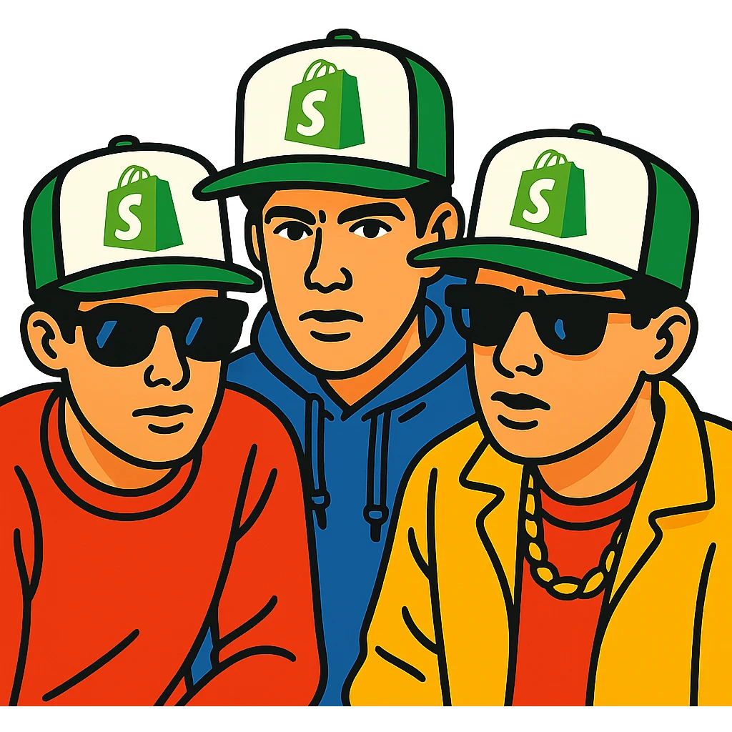 the Beastie Boys wearing hats with the Shopify logo emoji