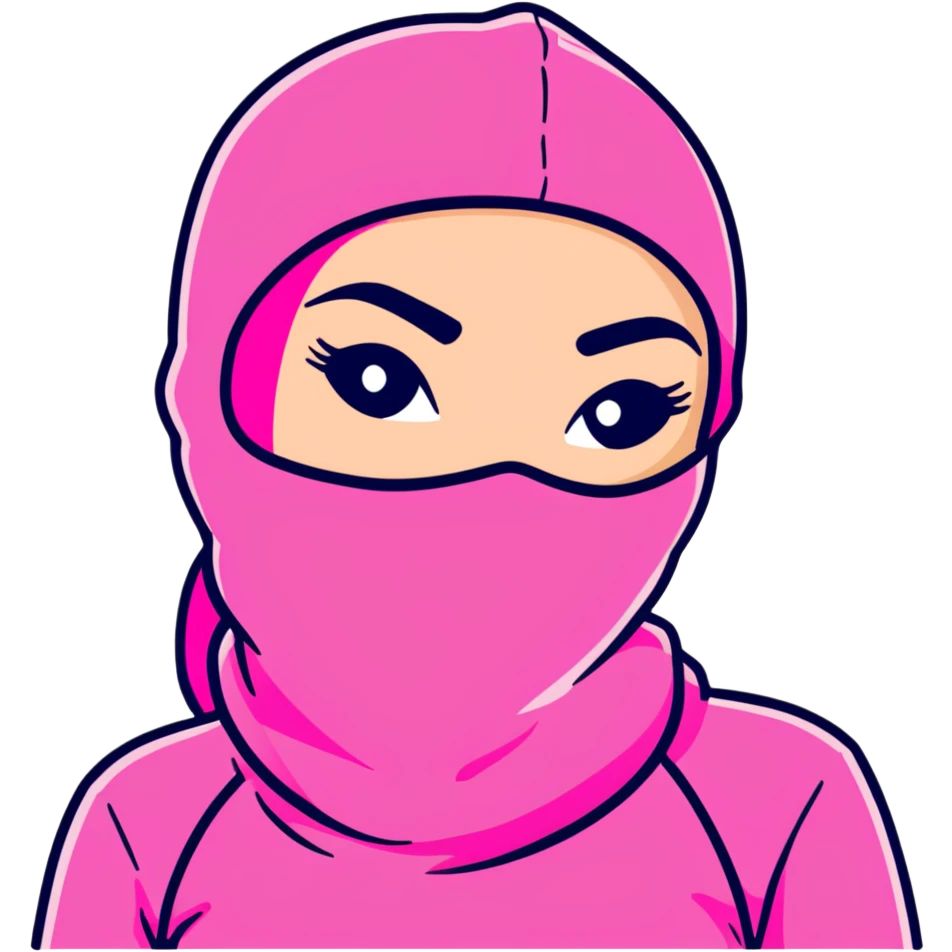 sassy female hustler in pink balaclava, entrepreneurial woman, confident pose emoji