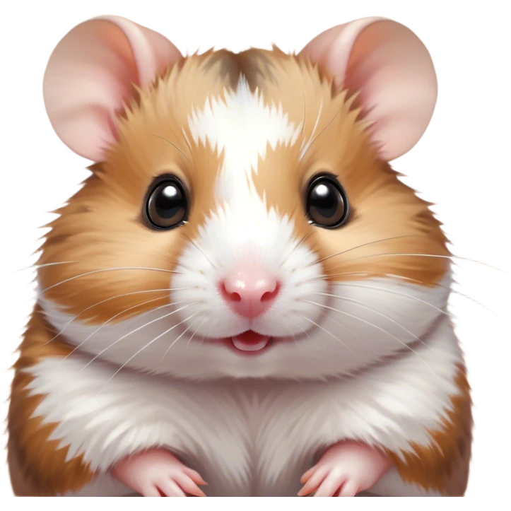 Cinematic Cute Brown and White Banded Hamster Portrait Emoji, Head tilted playfully and inquisitively, showcasing a fluffy fur with playful brown and white banded patterns, round, sparkling dark eyes filled with curiosity, Simplified yet irresistibly adorable features, highly detailed, glowing with a warm, friendly glow, high shine, affectionate and lively, stylized with a touch of whimsy, bright and endearing, soft glowing outline, capturing the essence of a mischievous yet loving hamster, so playful it feels like it could dash out of the screen and into your arms! emoji
