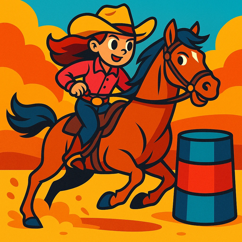 a girl barrel racing on a horse, western cartoon style, vibrant colors emoji