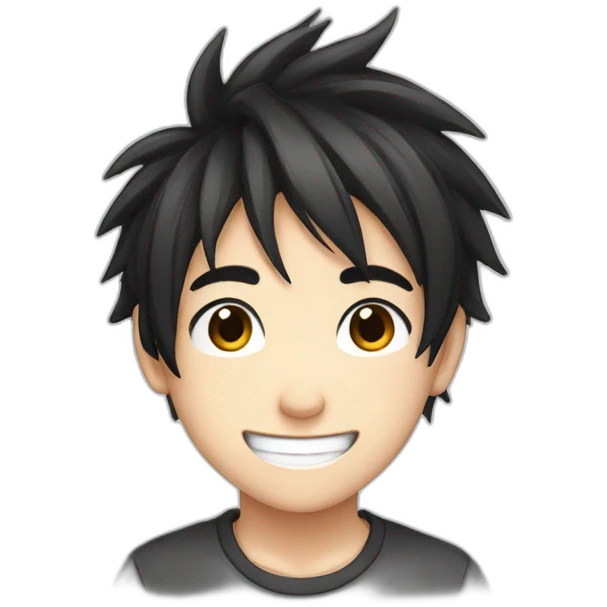 anime boy cartoon smiling with black hair and black and white t shirt emoji