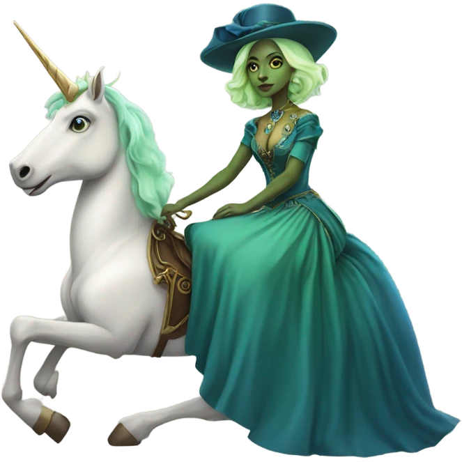 "galora green blonde alien woman" in blue Victorian dress elegant, full body, on brown and white unicorn emoji