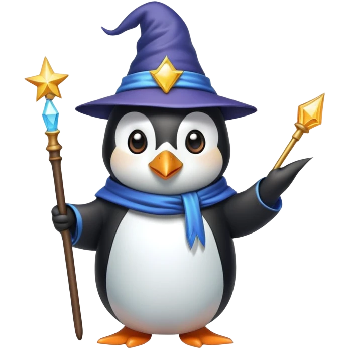 penguin wizard with magic wand and pointed hat emoji