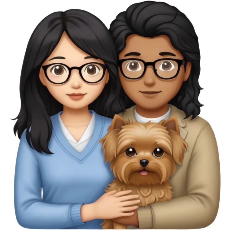 A couple holding a small Yorkshire Terrier together. The girl is Asian with long, luscious wavy black hair (loose, no hair tie). She is next to her boyfriend, a brown-skinned man wearing glasses with a korean haircut emoji