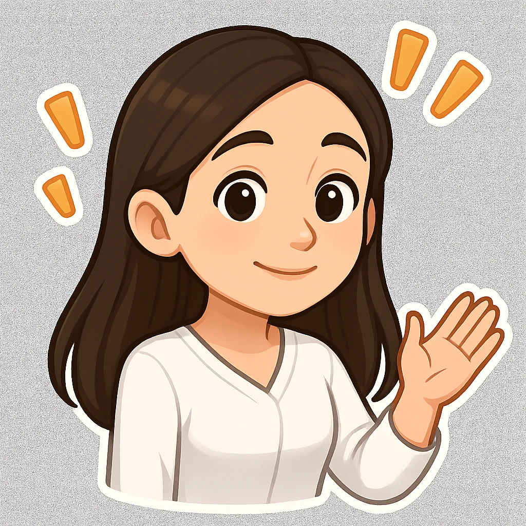 Create a 3D chibi bitmoji style sticker of the girl from the reference image, preserving the same face, hair, and style. She has an attentive and kind face with exclamation marks. The sticker should have a white outline and a transparent background. emoji