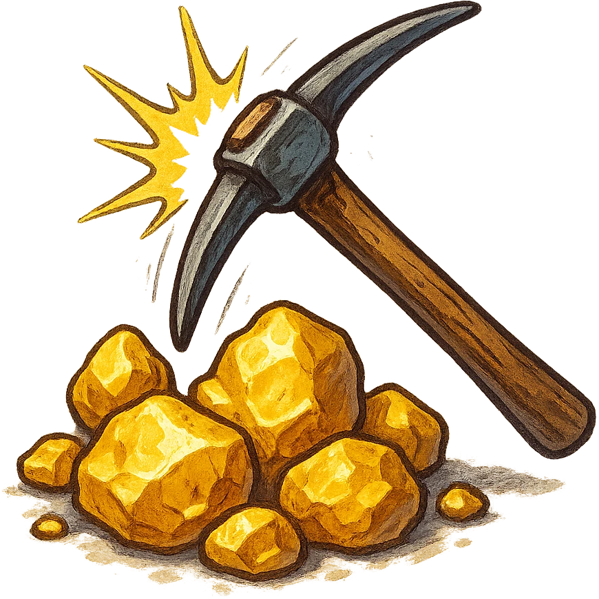 В cлегка рисованной, но при этом объемной и яркой стилистике сгенерируй картинку горстки золотых самородков, по которой бьет кирка, прозрачный фон emoji