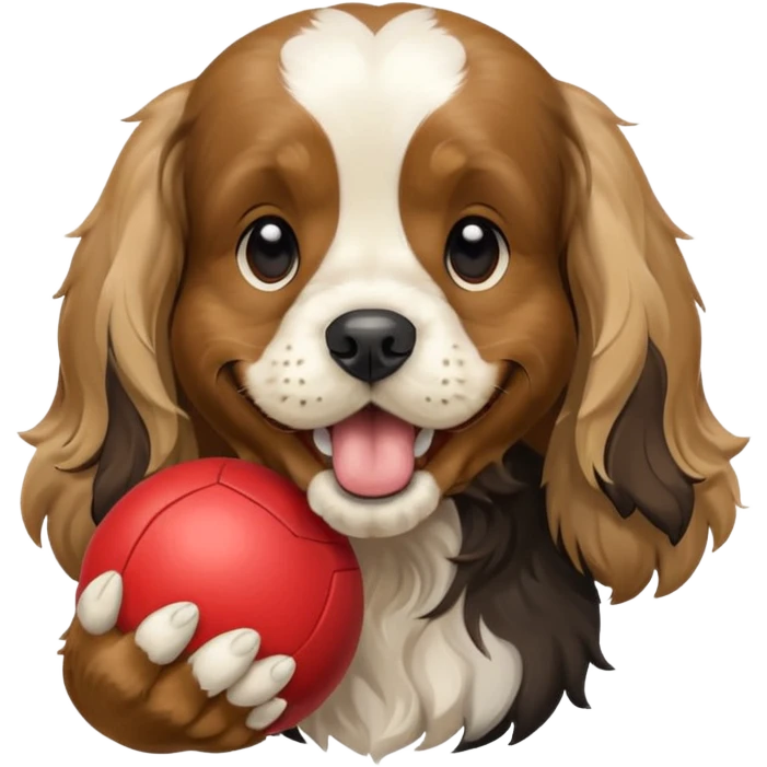 Собака породы черно-белый русский кокер спаниель с покеболом в зубах emoji
