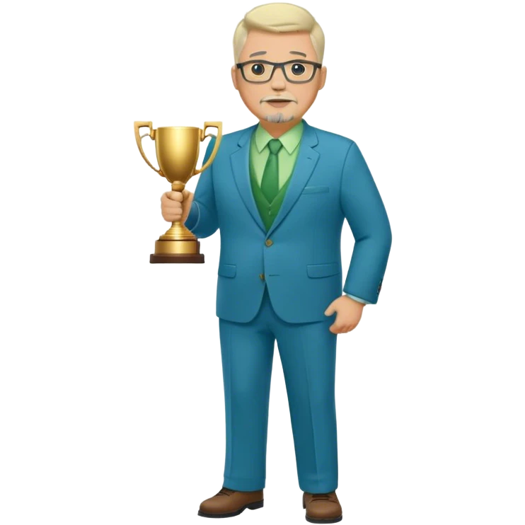 Full Body white middle aged male plus size wearing glasses with a goatee with light blonde and gray very short hair basketball head Coach in blue and green suit holding trophy emoji