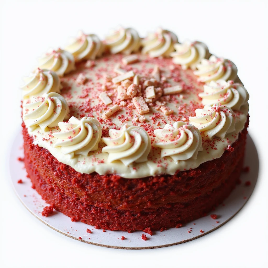 realistic round cake with red velvet frosting and white chocolate shavings, photorealistic style emoji